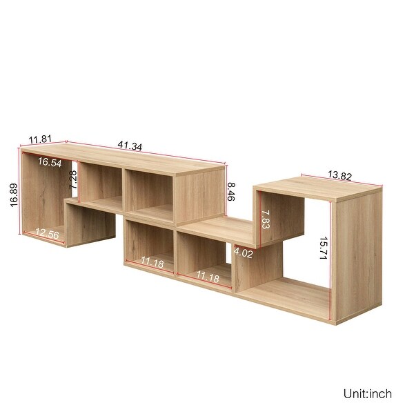 Living Room Bookcase Double L-Shaped Low Floor TV Stand with Multi Display Storage ShelvesandOpen Cubes Compartments，Natural