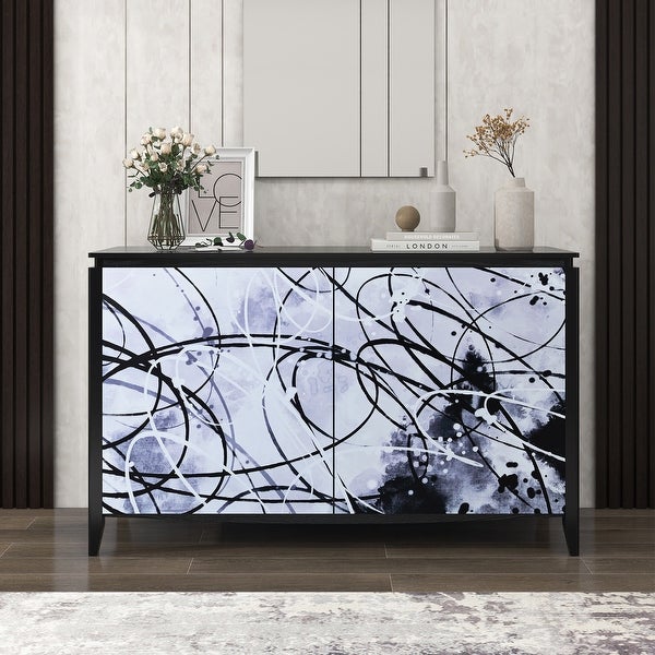 Sideboard Entryway Table with Art Spray Painting， Sofa Table Side Table with 2 Drawers and 4 Shelves for Living room Entryway