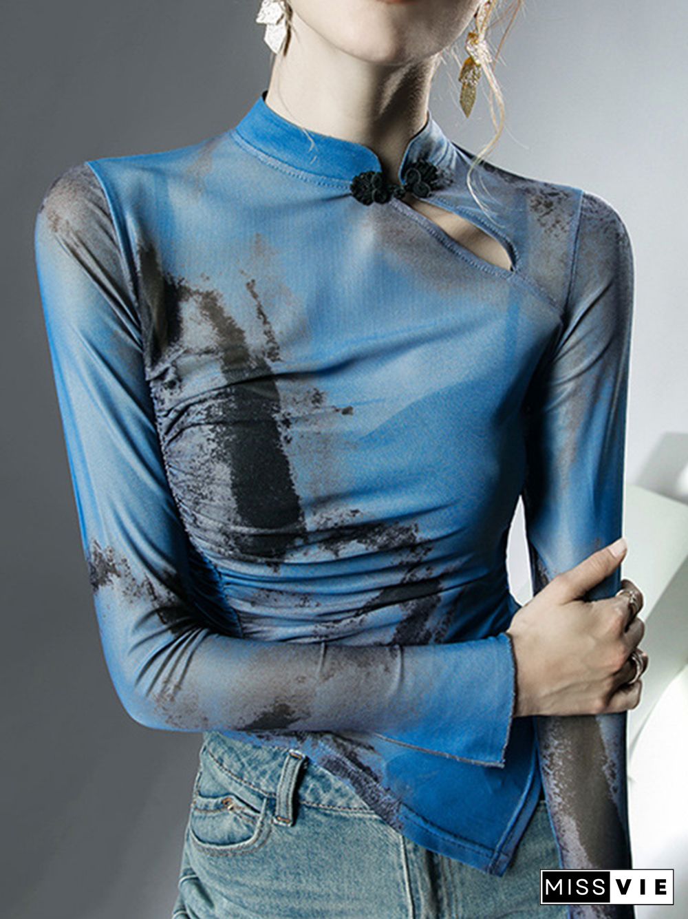 Long Sleeves Plus Size Asymmetric Hollow Mesh See-Through Wash Painting Mock Neck T-Shirts Tops