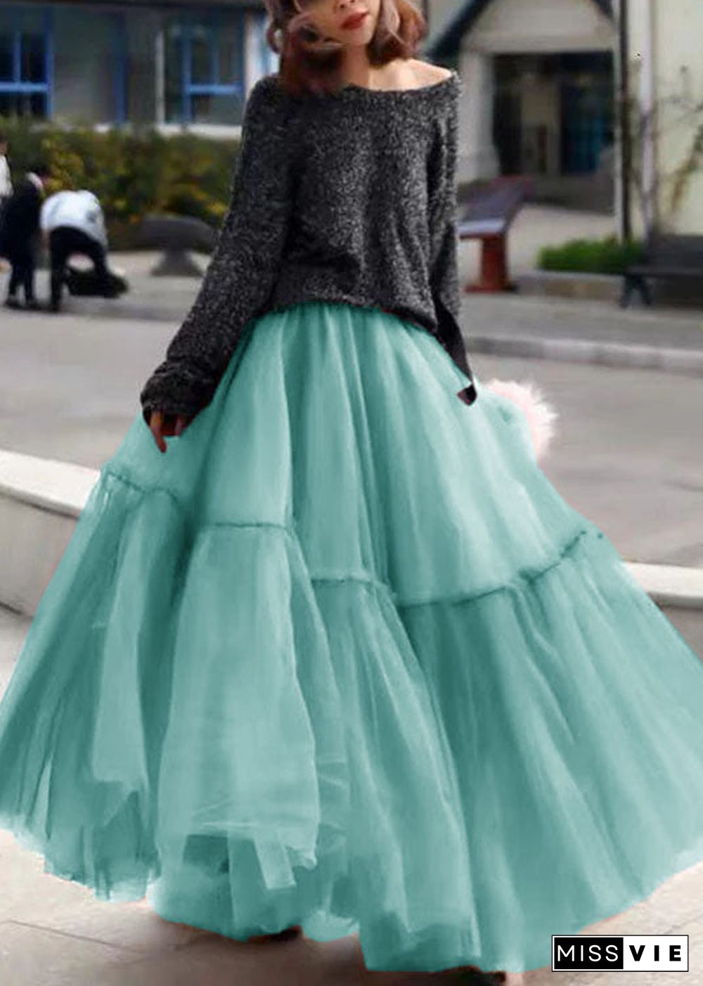 Women Grey Ruffled Tulle Cinched Circle Fall Skirt