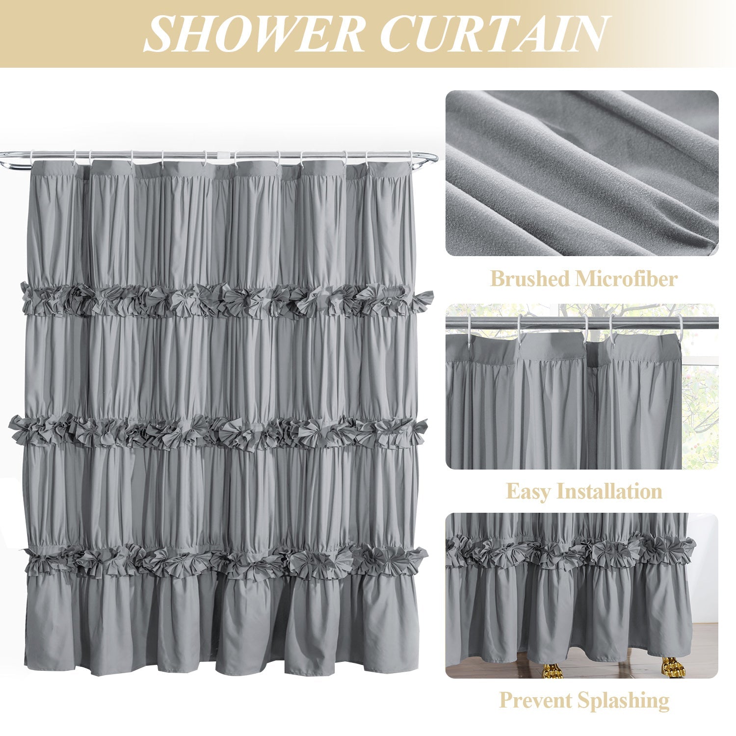 HIG Luxurious Farmhouse Unique Pleated Cloth Fabric Shower Curtain 72x72 Extra Long Bathroom Curtain