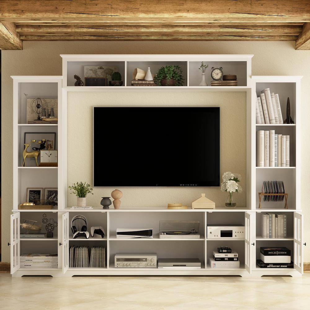 FUFUGAGA White Wooden TV Stand Fits TV's up to 75 in. with Open Shelves and Tempered Glass Door Cabinet LBB-KF020341-01+02