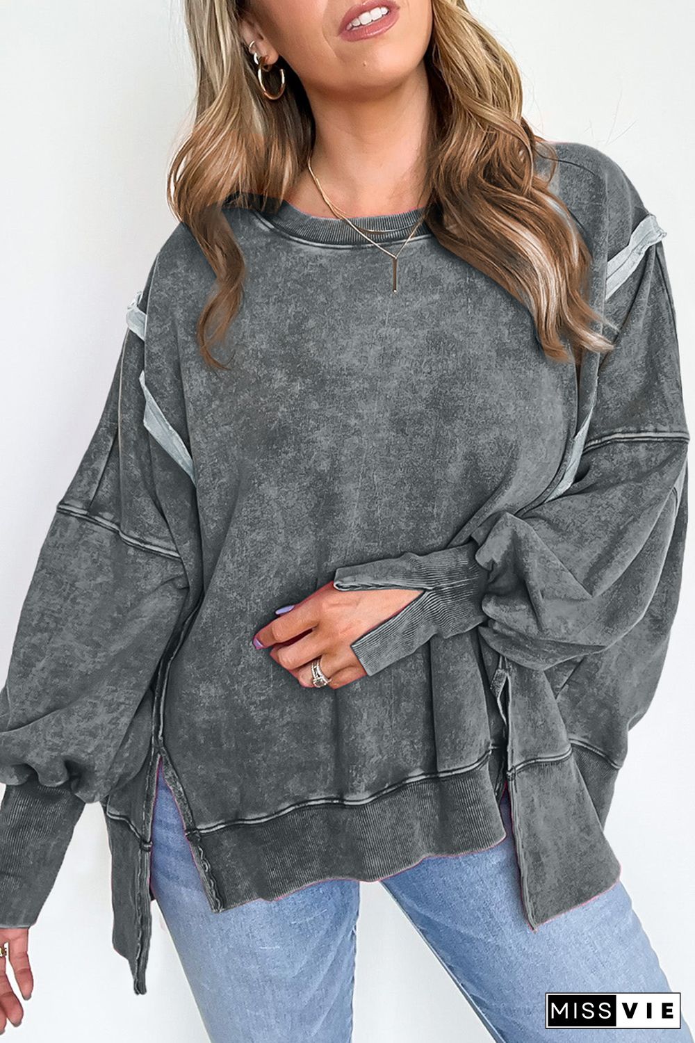 Gray Acid Wash Relaxed Fit Seamed Pullover Sweatshirt with Slits