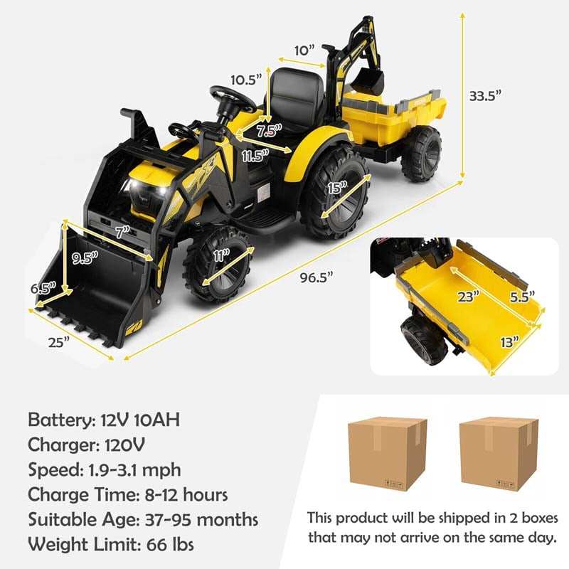 3-in-1 Kids Ride on Tractor Excavator Bulldozer, 12V Battery Powered RC Construction Vehicle with Trailer