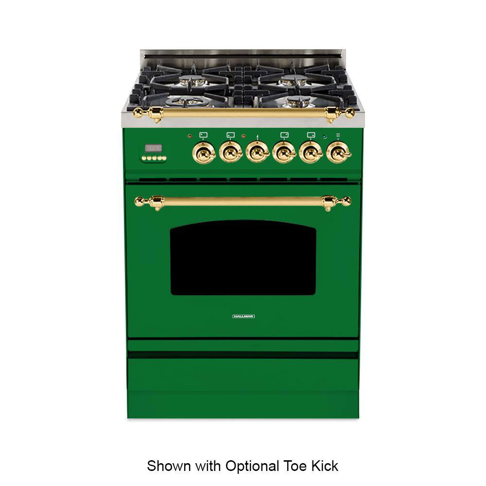 Hallman 24 in. 2.4 cu. ft. Single Oven Italian Gas Range with True Convection 4 Burners Brass Trim in Emerald Green HGR24BSGN