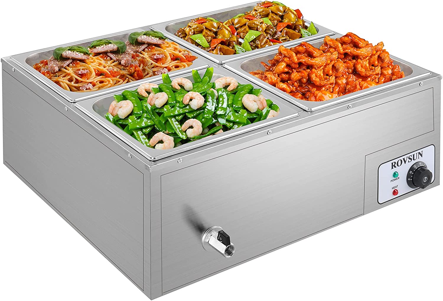 ROVSUN 42.3QT Electric Commercial Food Warmer， 4-Pan Stainless Steel Bain Marie Buffet Countertop 10.6 QT/Pan