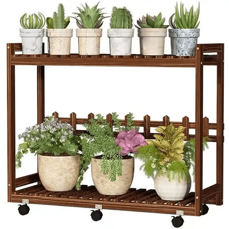 Magshion 2 Tier Pine Wood Plant Stand Cart with Caster Multiple Tall Planters Flower Pot Shelf Display Rack