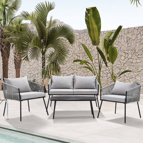 4-Piece Rope Outdoor Chat Set Patio Sofa with Cusions - Overstock - 35762598