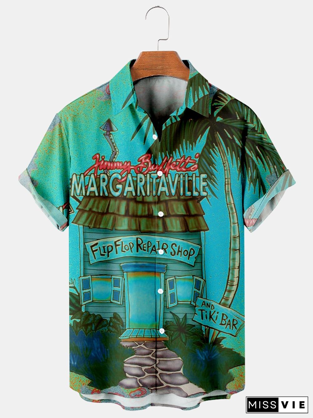 House And Coconut Tree Casual Loose Men's Plus Size Short-Sleeved Shirt