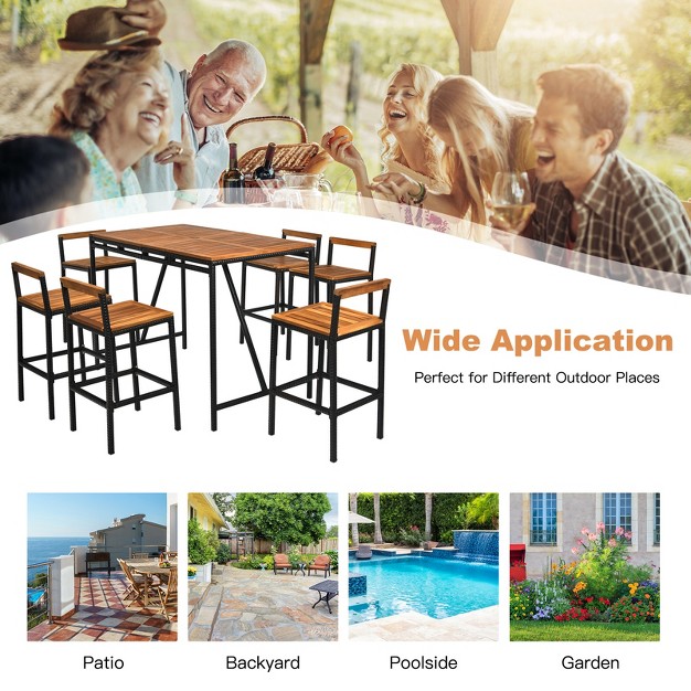 Tangkula 7pcs Patio Rattan Bar Set With Umbrella Hole Wood High dining Bistro Set With 6 Bar Stools For Poolside amp garden