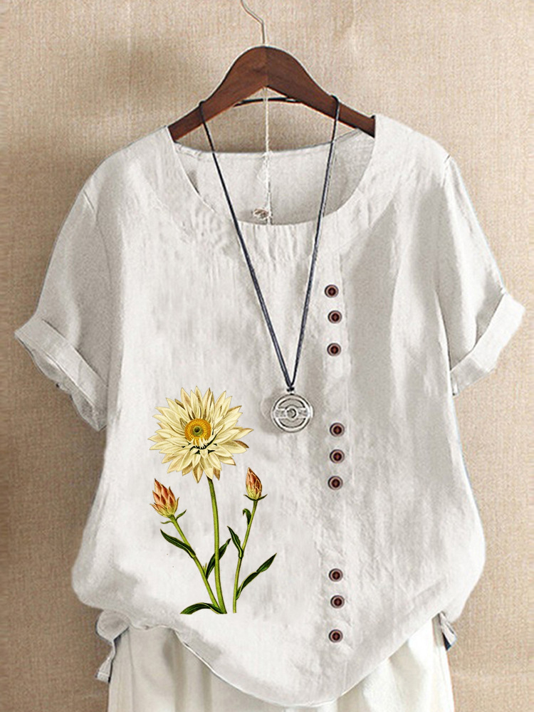 Round Neck Casual Loose Floral Print Short Sleeve Blouse