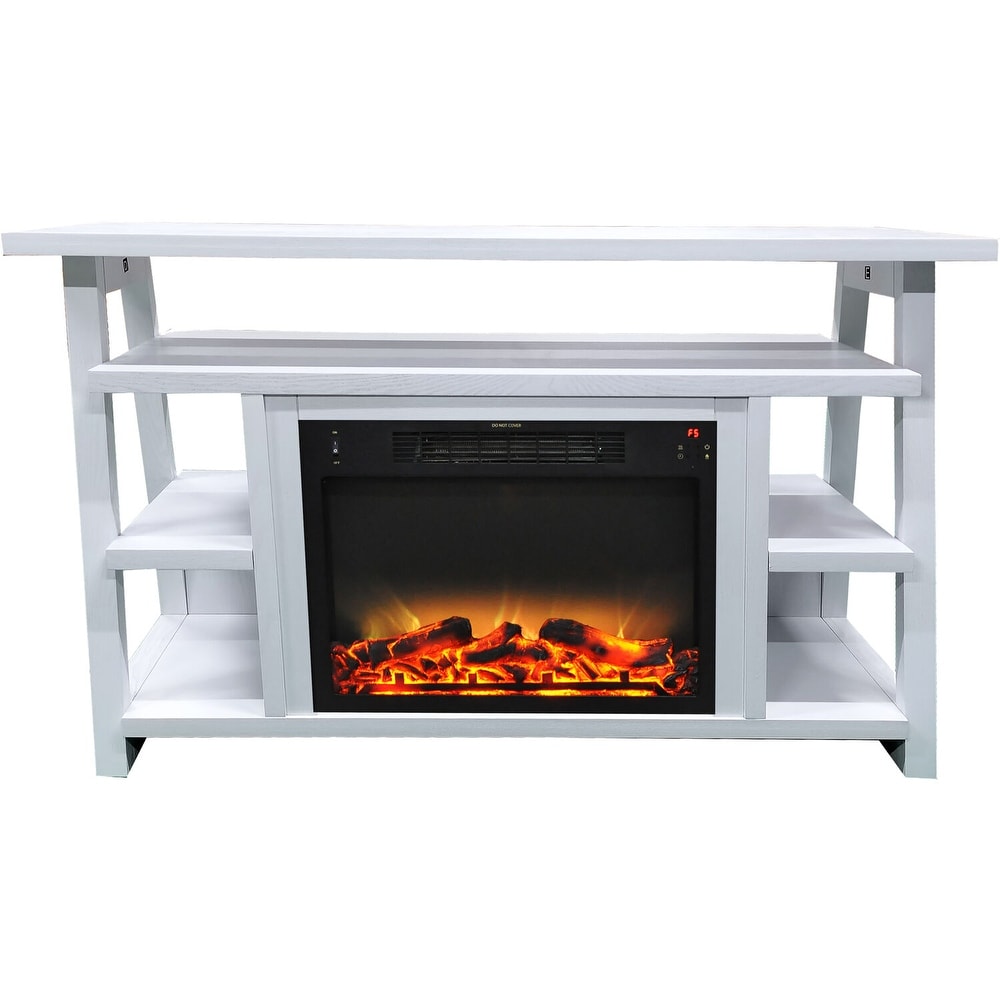 Cambridge 32 In. Sawyer Industrial Electric Fireplace Mantel with Realistic Log   Grate Insert and Color Changing Flames  White