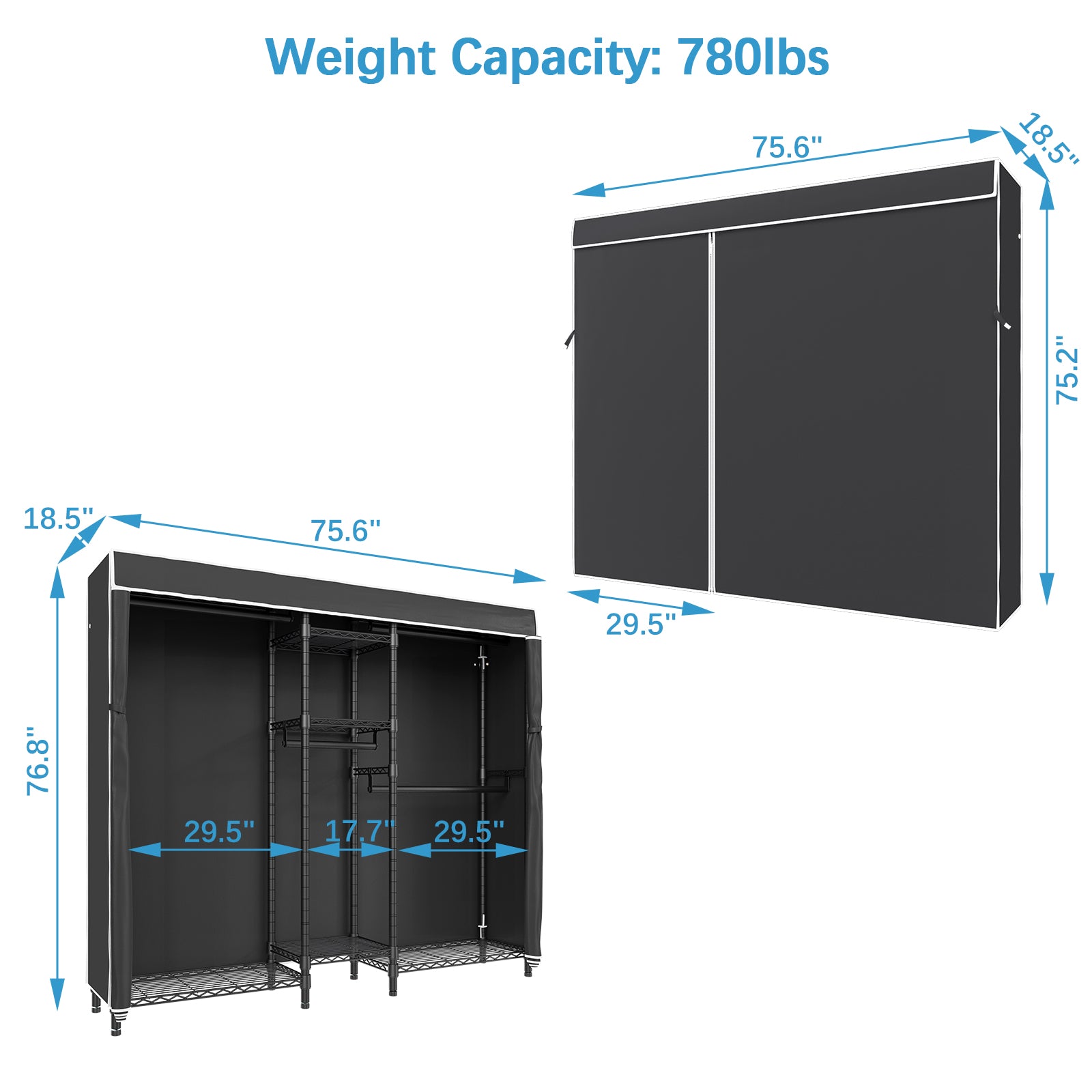 VIPEK V6C 5 Tiers Wire Garment Rack with Black Oxford Fabric Cover, 75.6" L x 18.5" W x 76.8" H, Max Load 780 LBS, Black