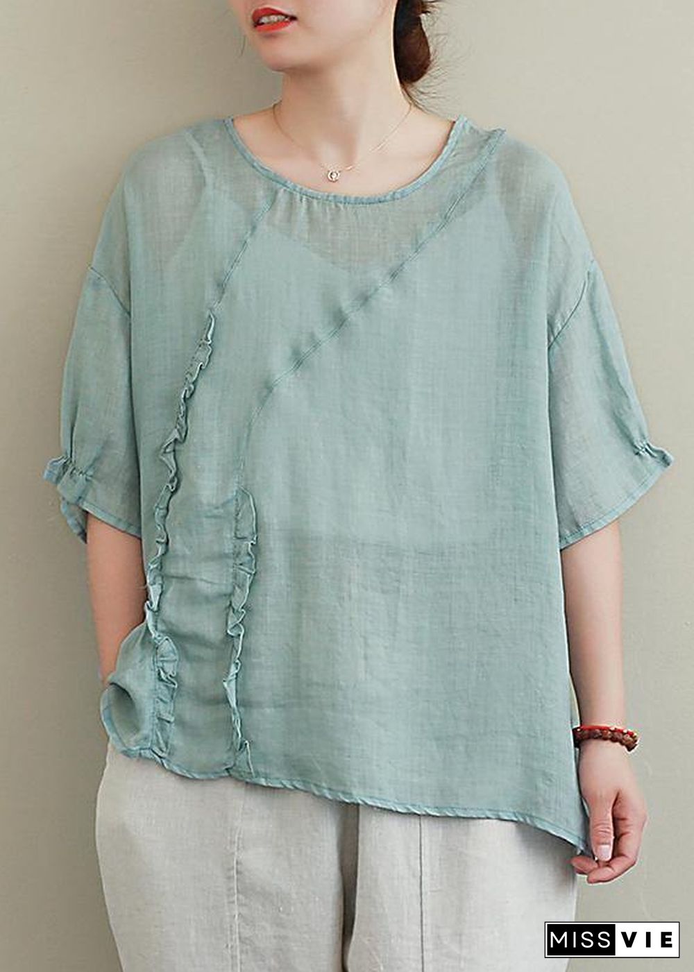 diy green linen tops o neck Ruffles oversized blouses