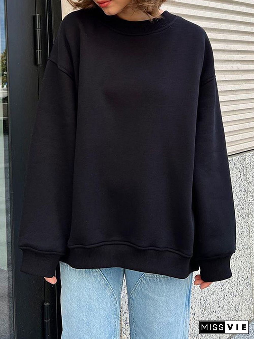 Long Sleeves Loose Solid Color Round-Neck Sweatshirt Tops