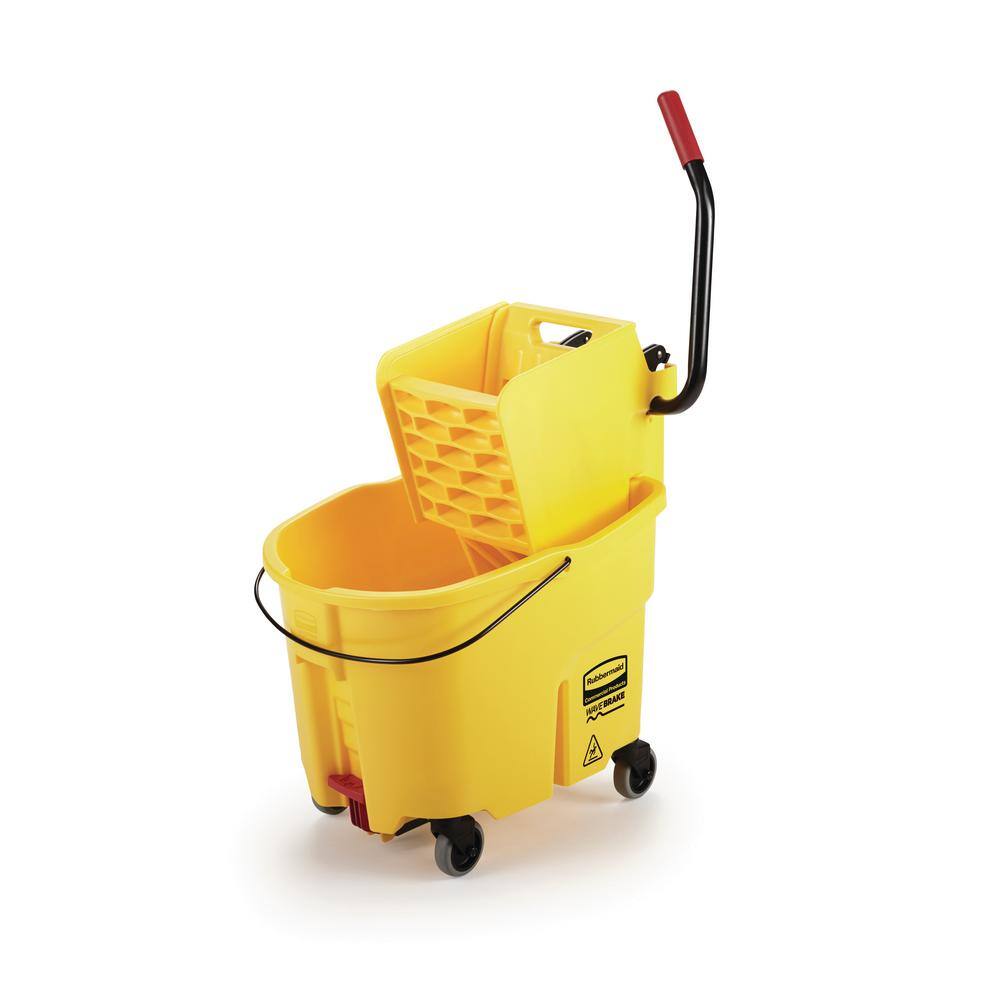 Rubbermaid Commercial Products WaveBrake 35 Qt. 2.0 Side-Press Mop Bucket with Drain Yellow 2064911