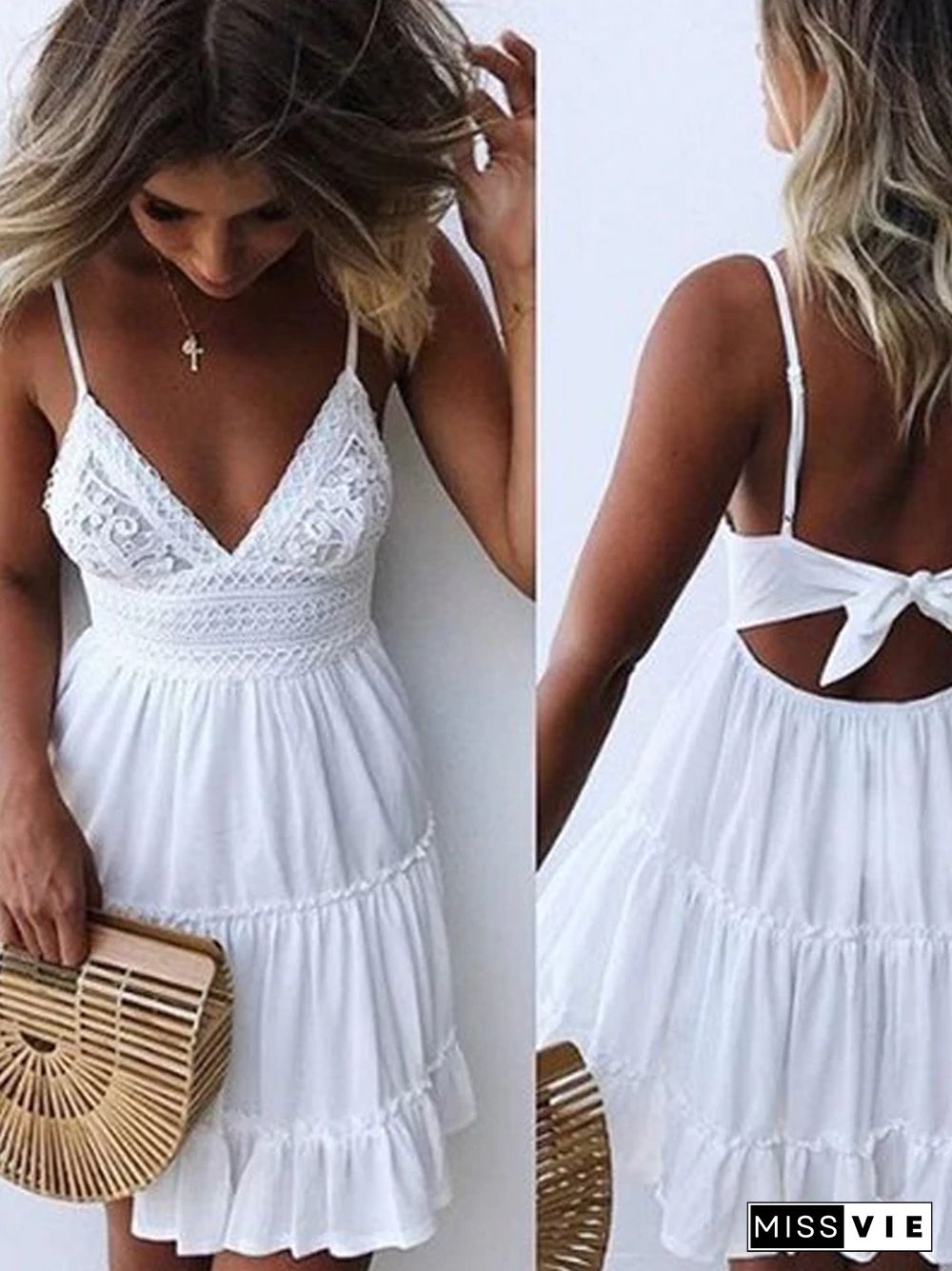 Women Lace Sexy Backless V-neck Beach Dresses Sleeveless Mini Sundress White Dresses