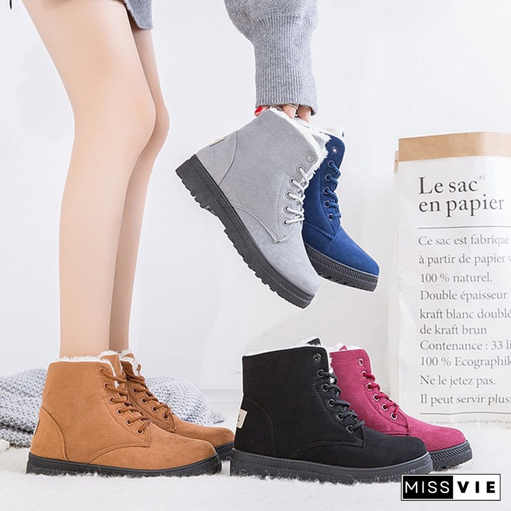 Ladies Winter Warm Fur Lined Ankle Snow Boots Women Casual Flat Short Booties Shoes Botas Feminina Plus Size