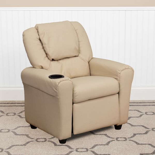 Vana Contemporary Beige Vinyl Kids Recliner with Cup Holder and Headrest