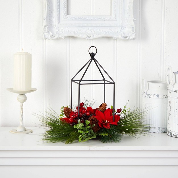 Nearly Natural 14-in Christmas Poinsettia， Berry And Pinecone Metal Candle Holder Christmas Artificial Table Arrangement