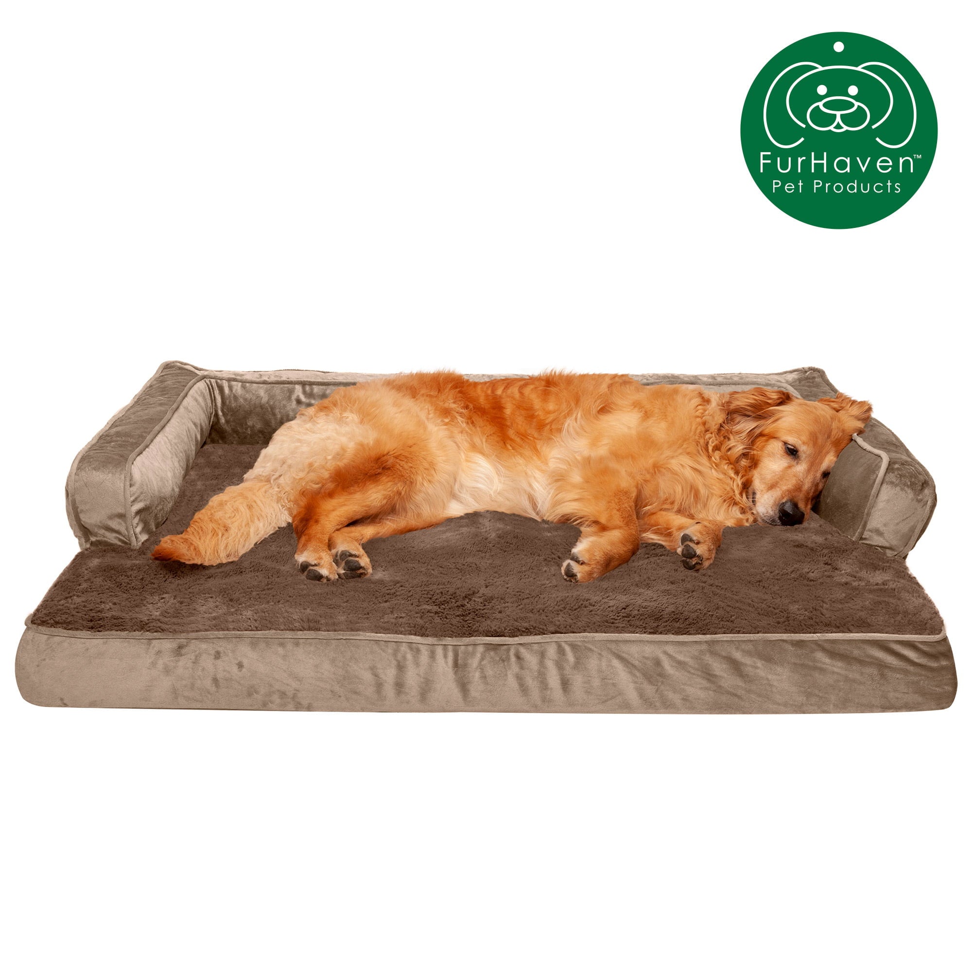 FurHaven Pet Products | Orthopedic Plush and Velvet Comfy Couch Sofa-Style Pet Bed for Dogs and Cats， Almondine， Jumbo