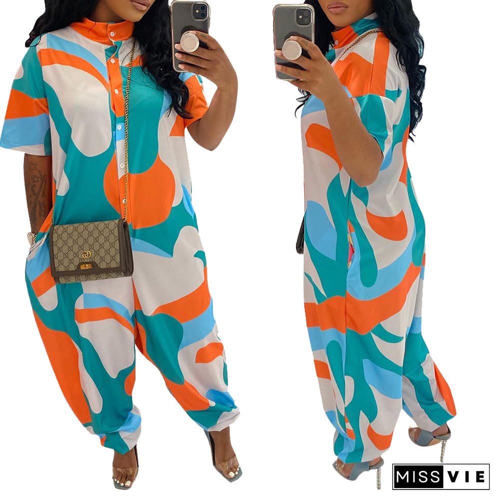 Loose Personality Printed Stand Collar Jumpsuit