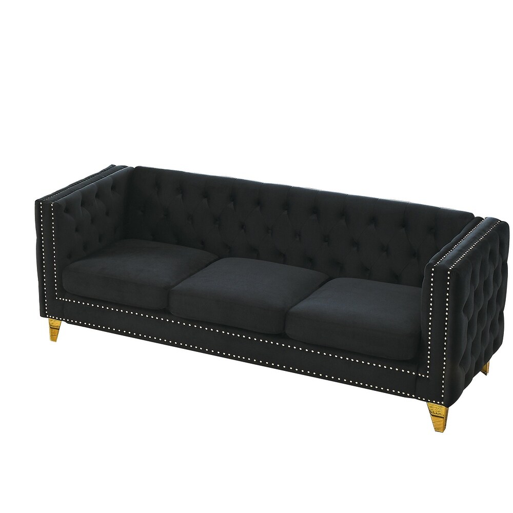 Buttons Tufted Square Arm Couch Set  Velvet Upholstered Sofa with Removable Cushion and Metal Legs for Living Room