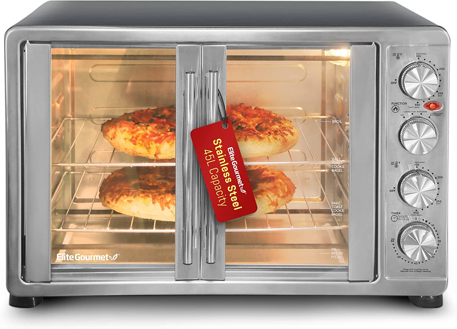 Elite Gourmet ETO4510B# French Door 47.5Qt， 18-Slice Convection Oven 4-Control Knobs， Bake Broil Toast Rotisserie Keep Warm， Includes 2 x 14 Pizza Racks， Stainless Steel