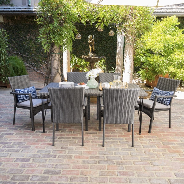 Luka Outdoor 7Piece Rectangle Wicker Dining Set with Cushions by Christopher Knight Home