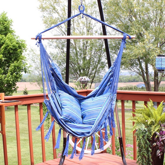 Sunnydaze Double Cushion Hanging Rope Hammock Chair Swing 265 Lb Weight Capacity Cornflower Stripes