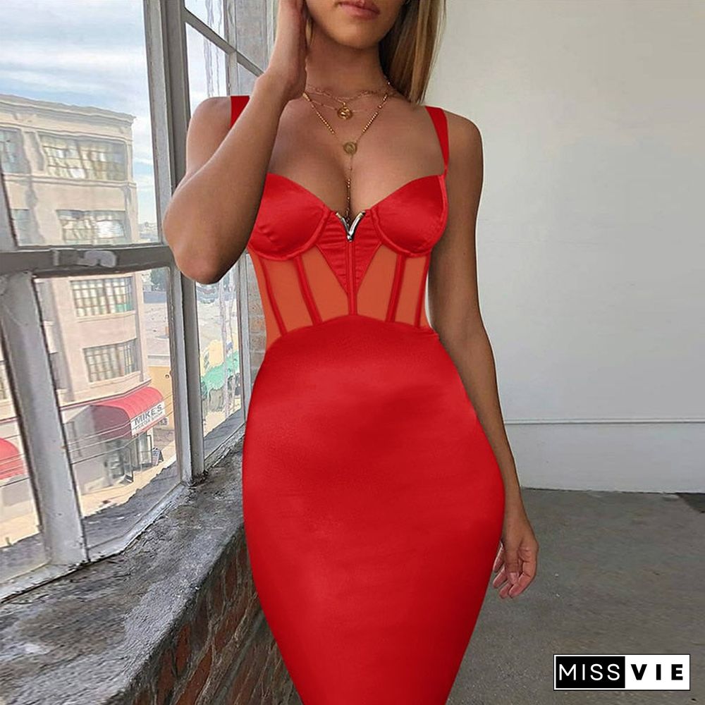 Bandage Dress Summer Women's Black Bodycon Dress Rayon Mesh Insert Ladies White Red Sexy Party Dress Evening Club Outfits