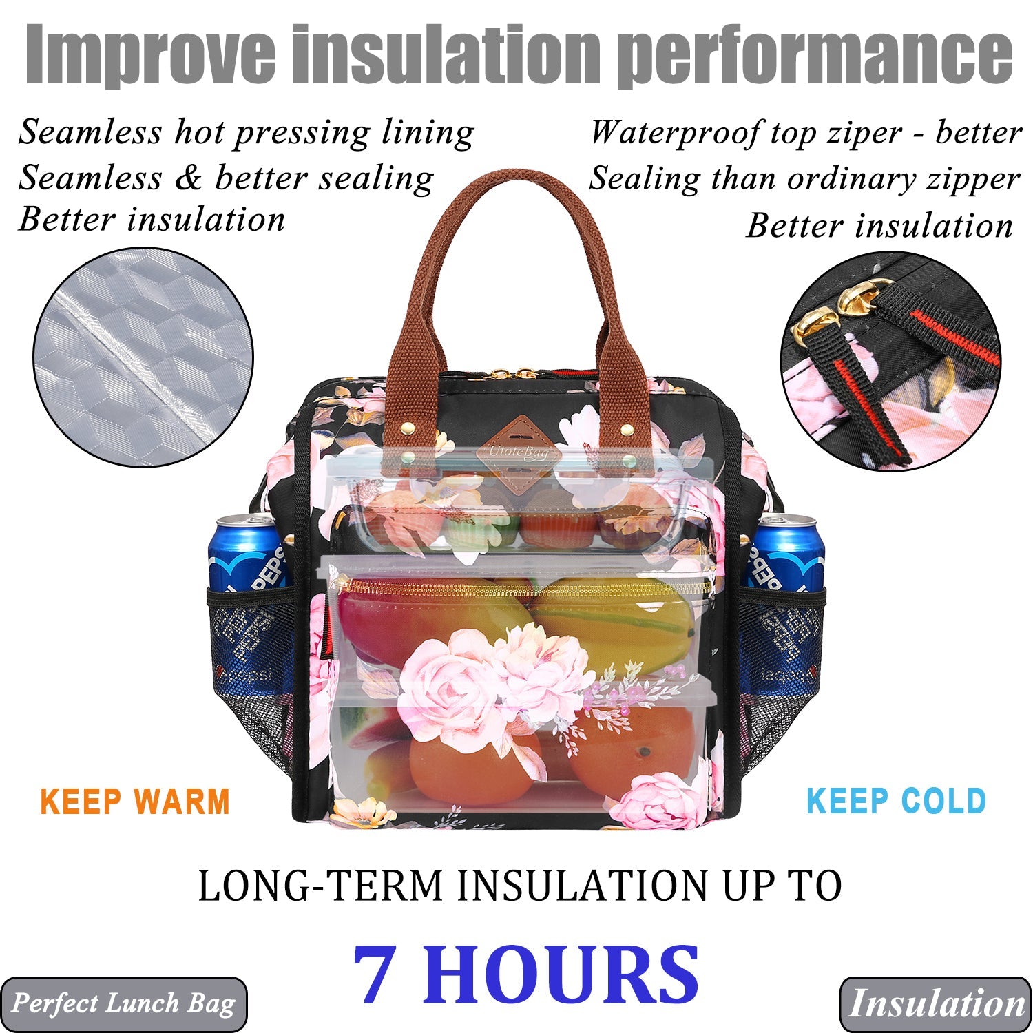 LOKASS Lunch Bag Insulated Wide-Open Lunch Box, Large Drinks Holder Durable Nylon Snacks Organizer with Removable Shoulder Strap for Women Men Adult Kids, Strap/Peony Black