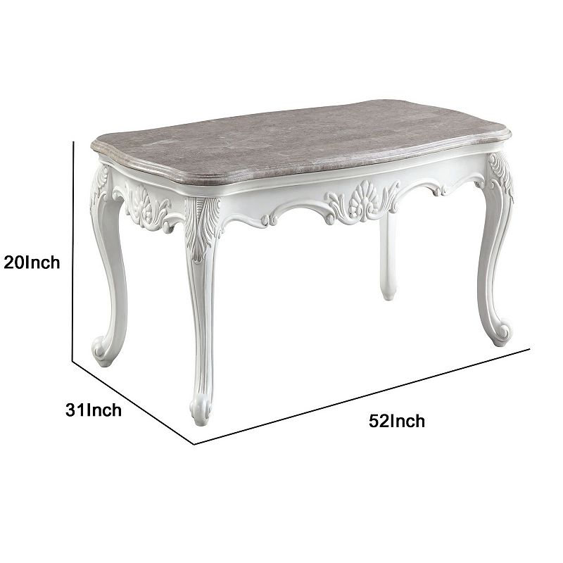 Coffee Table with Marble Top and Cabriole Legs， Antique White