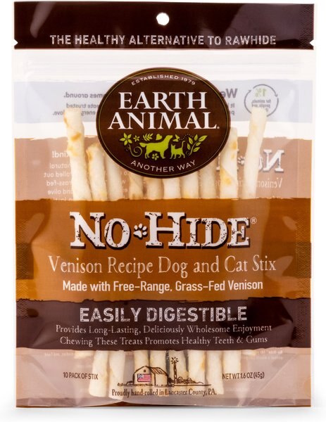 Earth Animal No-Hide Long Lasting Natural Rawhide Alternative Venison Recipe Stix Chew Dog and Cat Treat Sticks， 10 count