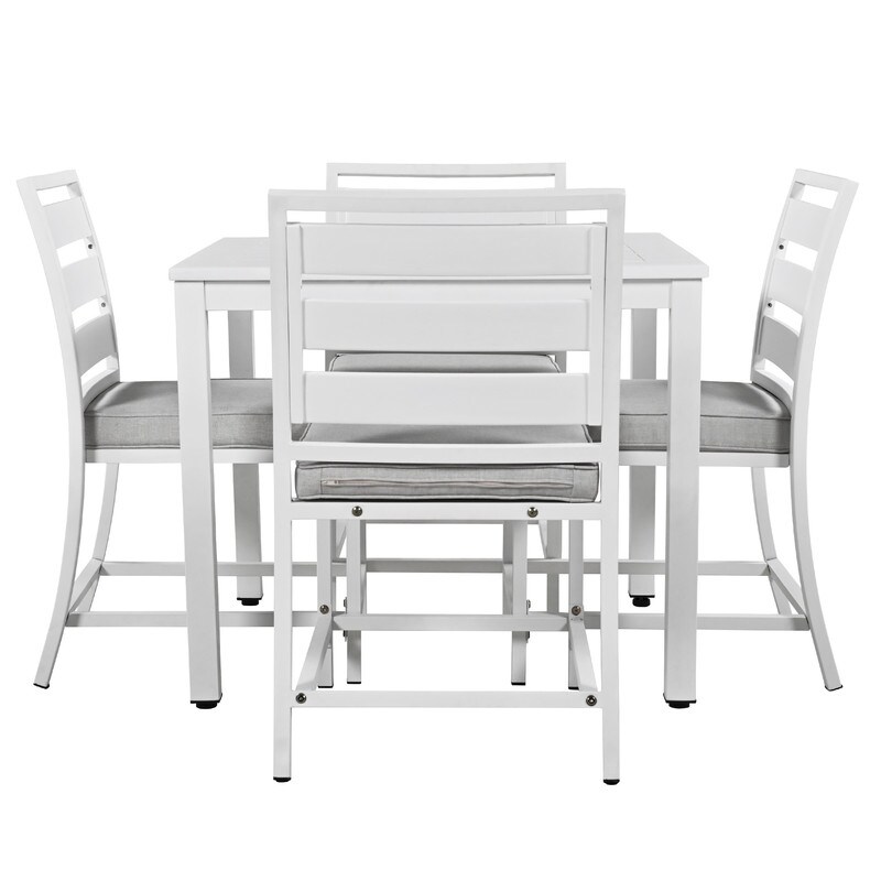 5 Piece Outdoor Dining Table Set for 4  Wood Top Dining Table with Umbrella Hole   4 Cushioned Chairs for Patio  Deck  Porch