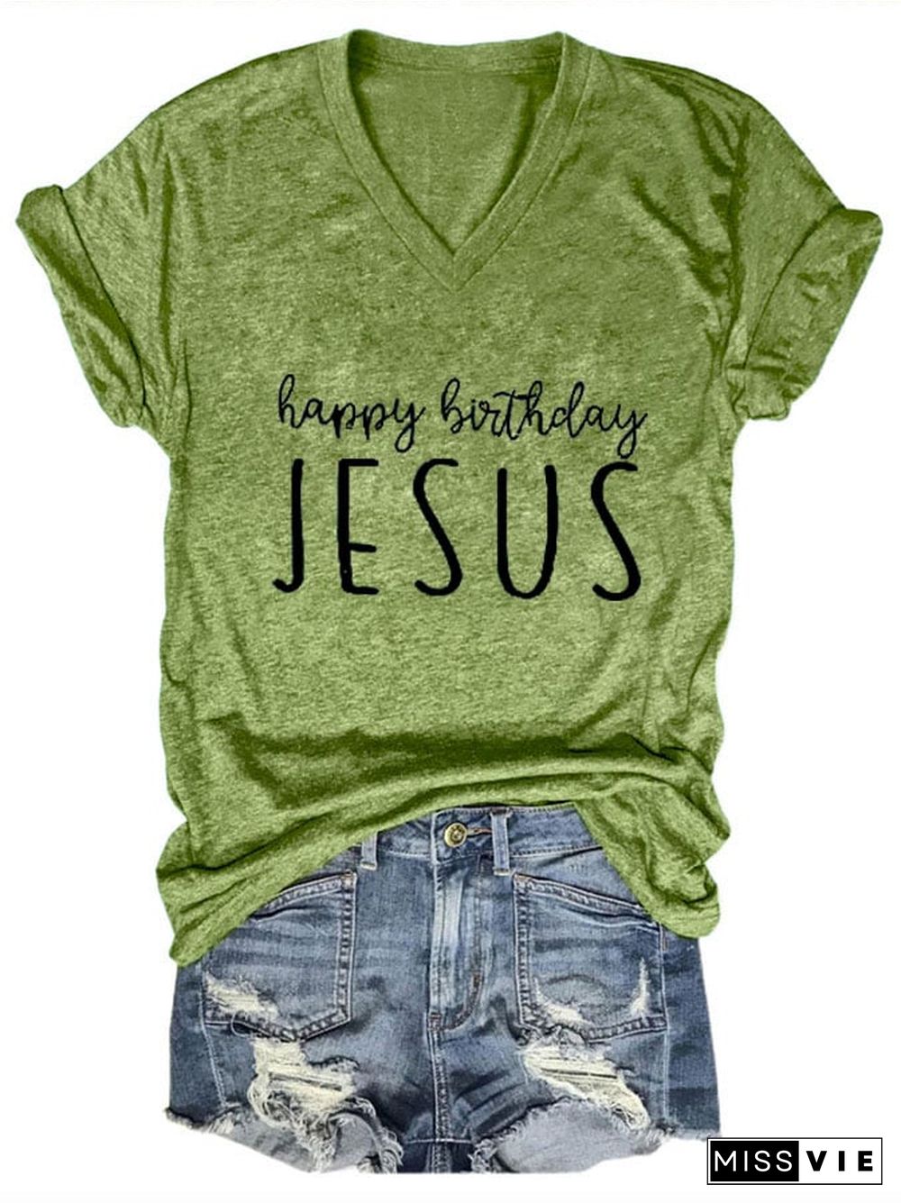 Women's Happy Birthday Jesus Printed Short Sleeve T-Shirt