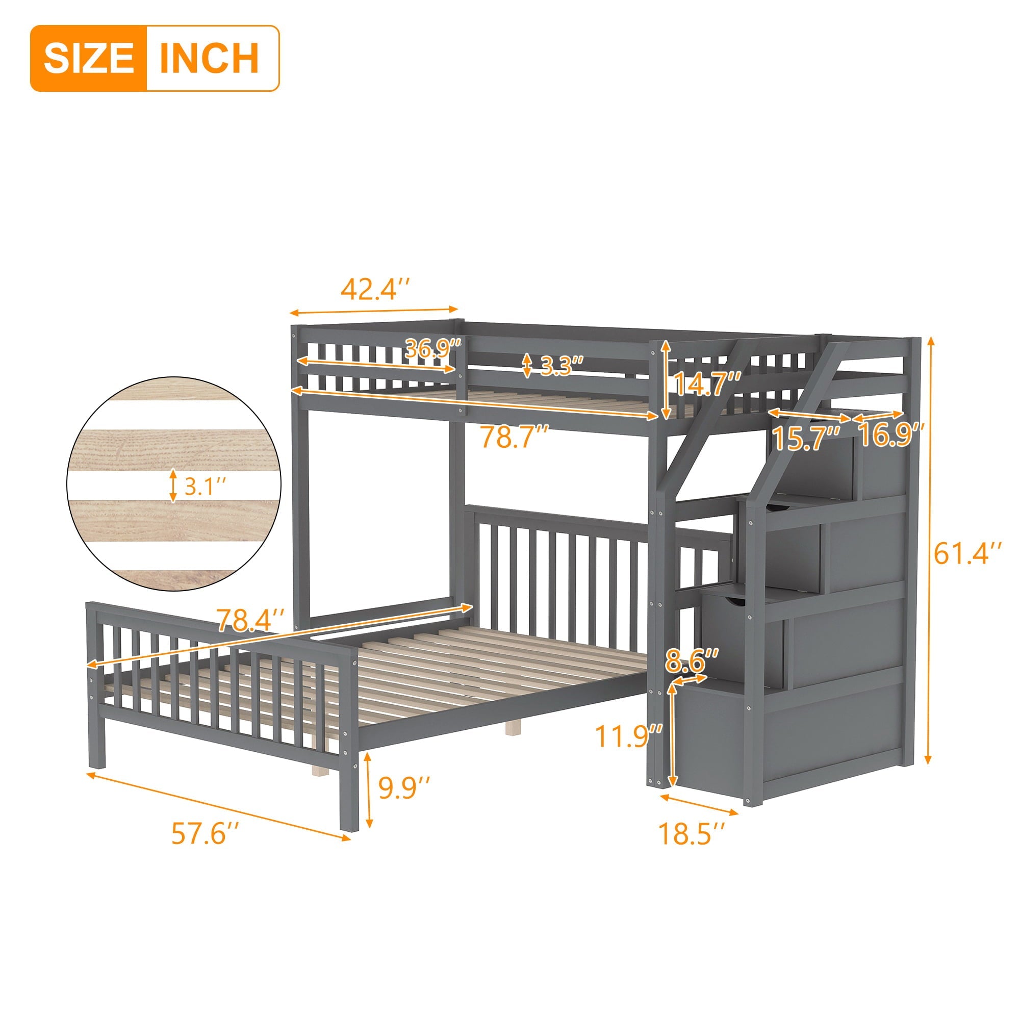 Euroco Wood Stairway Twin Loft Bed with Full Platform and Drawer for Kids