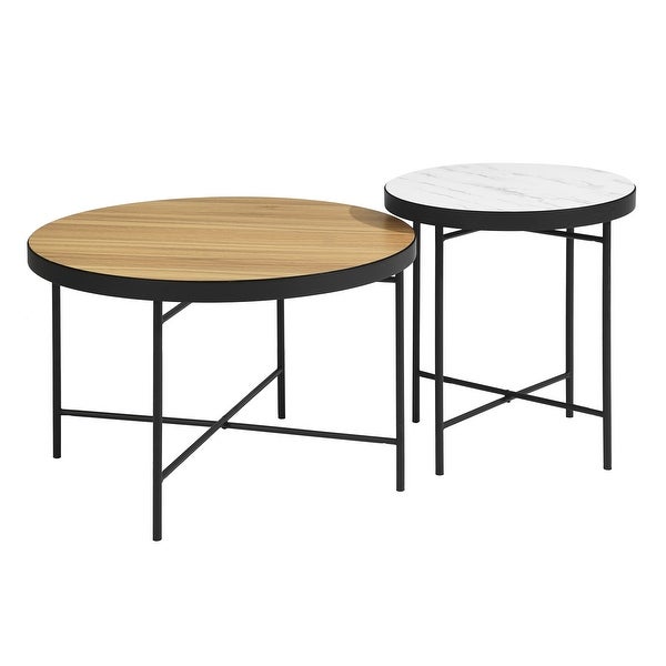 Set of 2 Round Side Coffee Table with Half Natural and Half Black Tray Top Finish， Sofa End Table Waterproof for Living Room