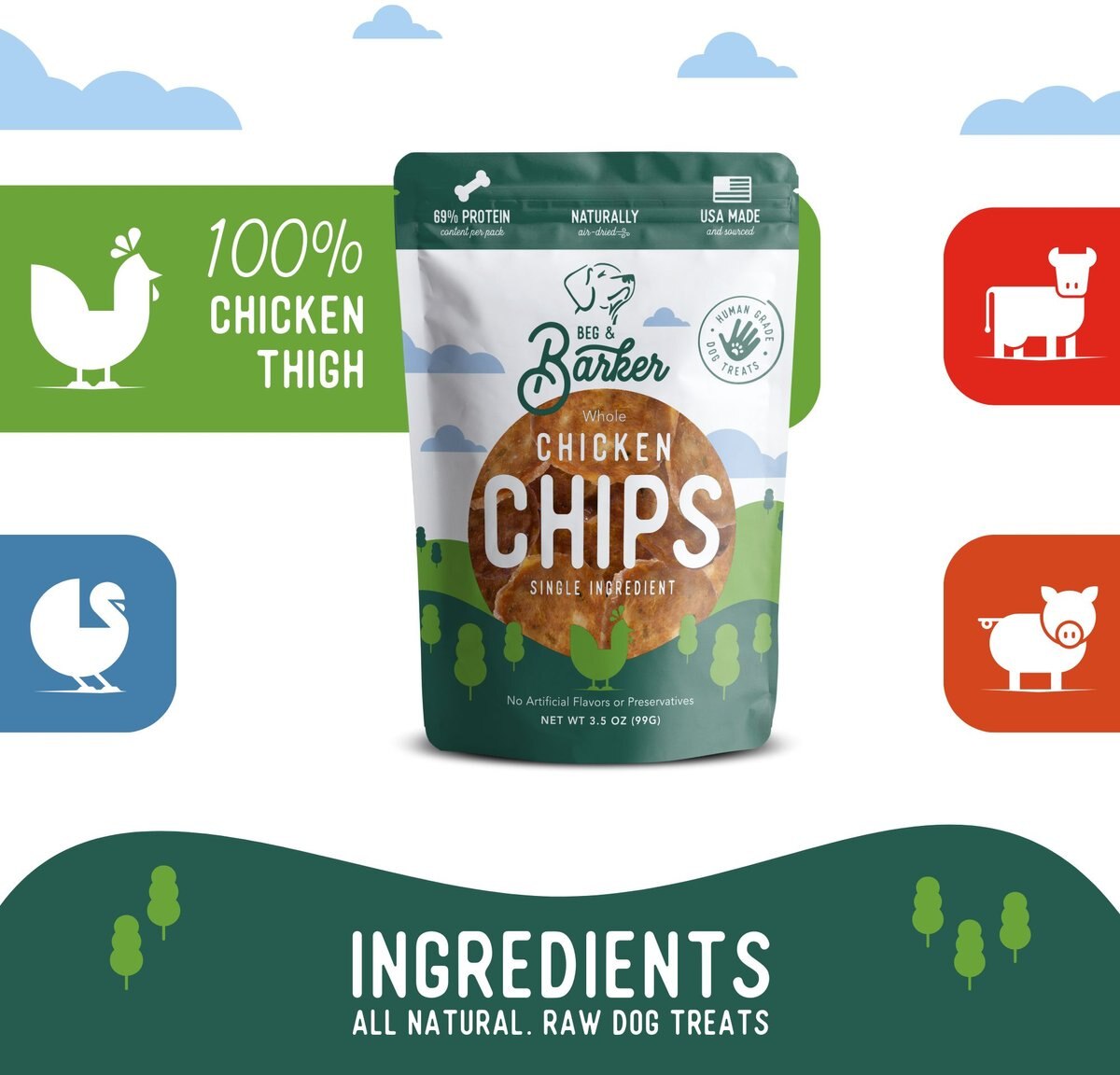 Beg and Barker Triple Whole Chicken Chips Natural Single Ingredient Dog Treats， 8-oz bag， case of 3