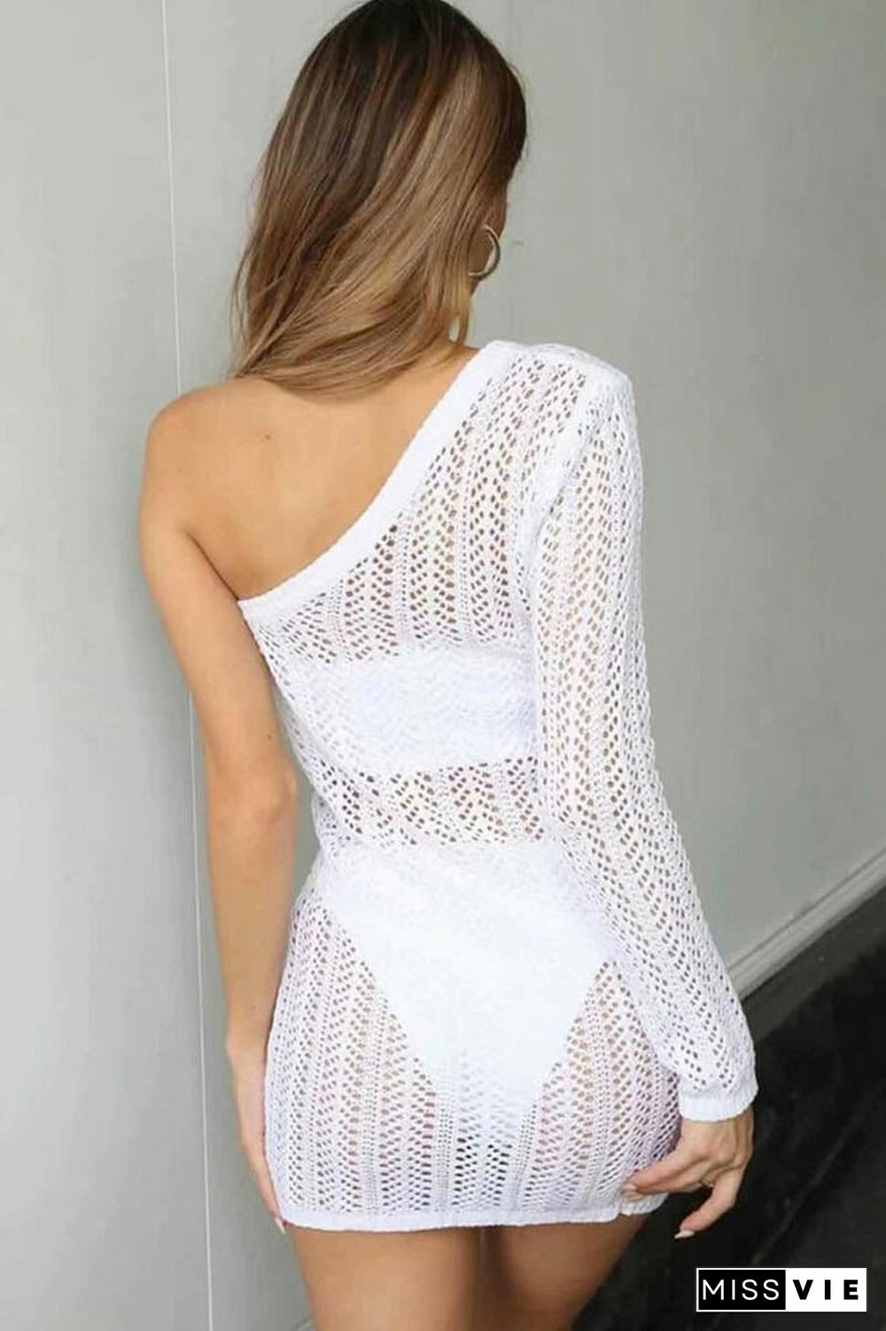 One Shoulder Long Sleeve Crochet Beach Tunic Cover Up