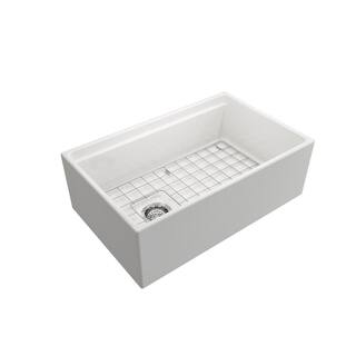 BOCCHI Contempo Step-Rim White Fireclay 30 in. Single Bowl Farmhouse Apron Front Workstation Kitchen Sink with Faucet 1344-001-2020CH