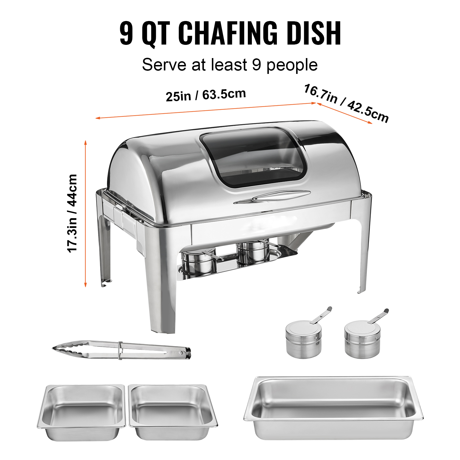 VEVOR Rectangle Roll Top Chafing Dish with 9Qt Pan Visual Glass Lid Fuel Holder