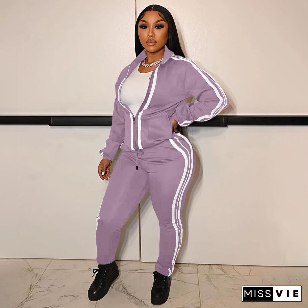 Side Striped Zip Sporty Jacket Two Piece Pants Set