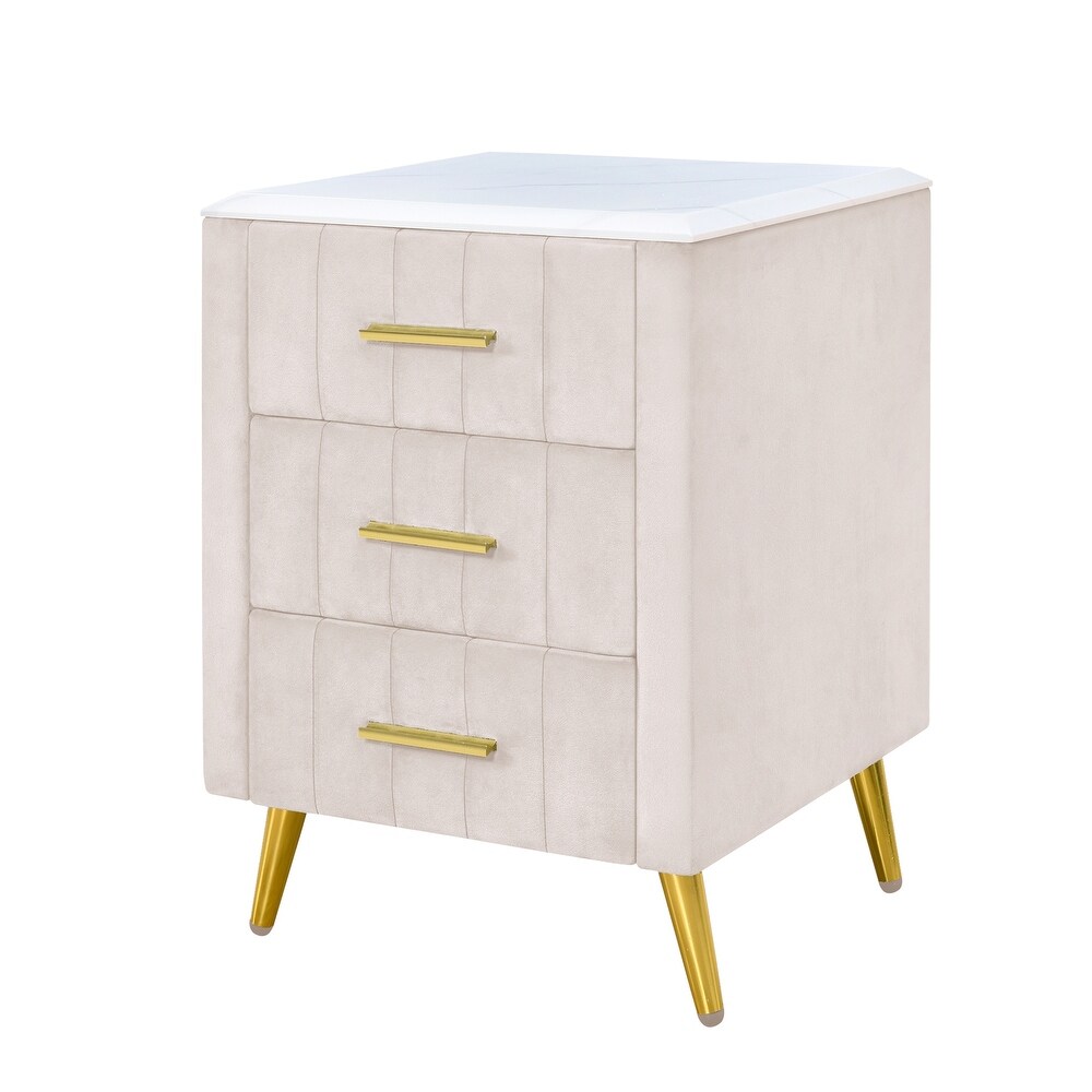 Velvet Upholstered Nightstand with 3 Drawers and Marbling Worktop