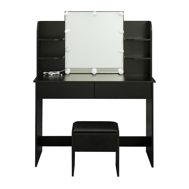 Modern Dressing table with 2 Drawers， 4 open shelves， Rectangular Makeup Table with Mirror， 10-lamp bulb