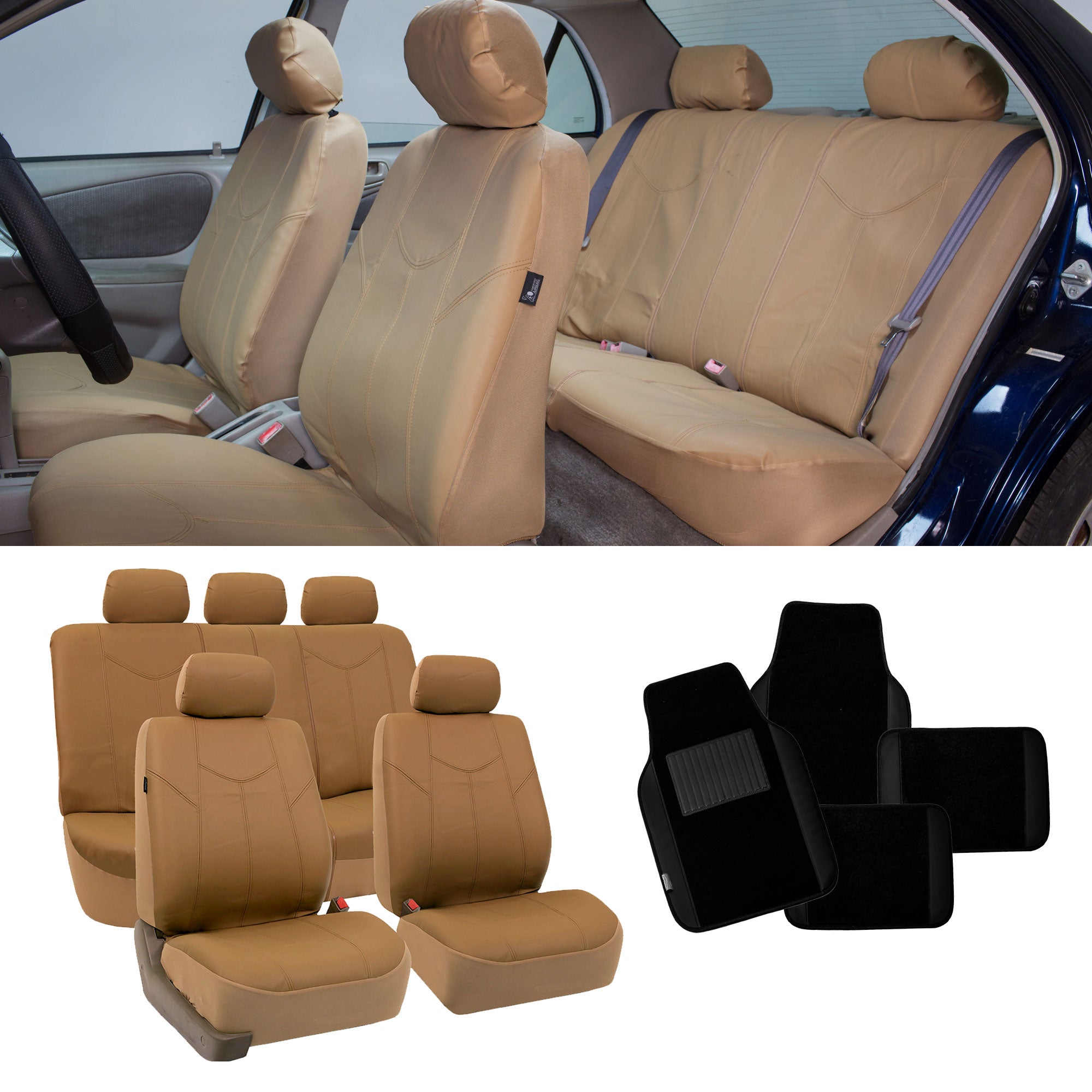 FH Group PU Leather Airbag Compatible Split Bench Seat Covers for Auto， Full set with Carpet Floor Mats， Beige