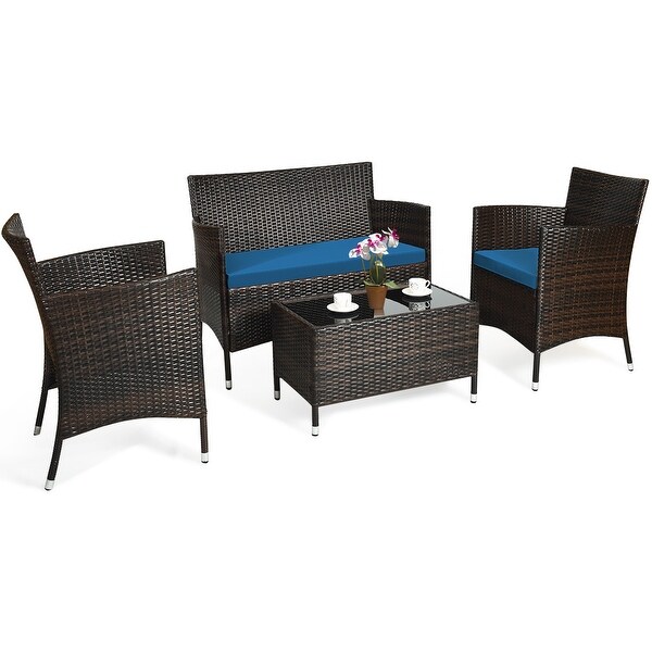 Costway 4PCS Rattan Patio Furniture Set Cushioned Sofa Chair Coffee