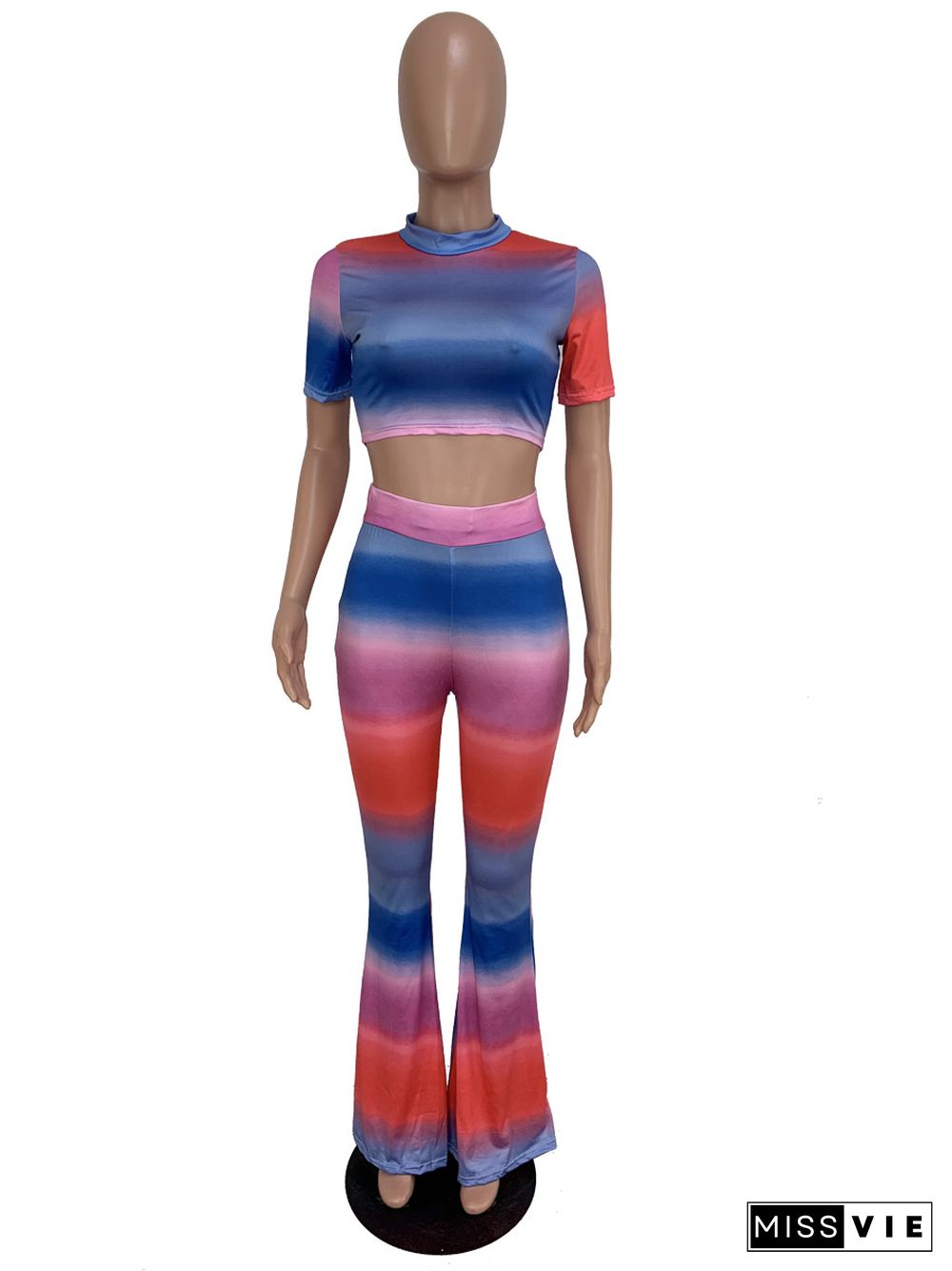 Gradient Tie Dye Print Crop Tops Flare Pants Two Piece Set