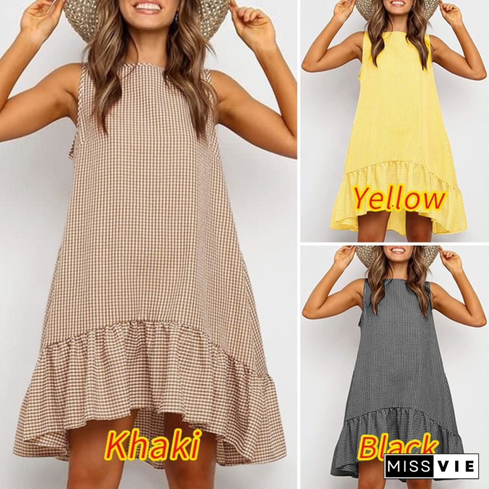 Women Fashion Mini Shirt Dress Crew Neck Ladies Holiday A-Line Grid Check Tiered Sundress