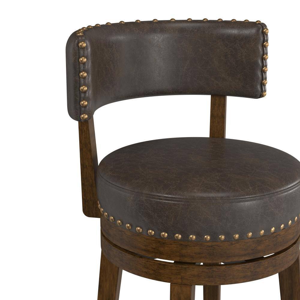 Hillsdale Furniture Lawton 36 in. Brown Low Back 27 in. Swivel Counter Stool with Aged Brown Faux Leather seat and back with Nail head trim 4839-826P